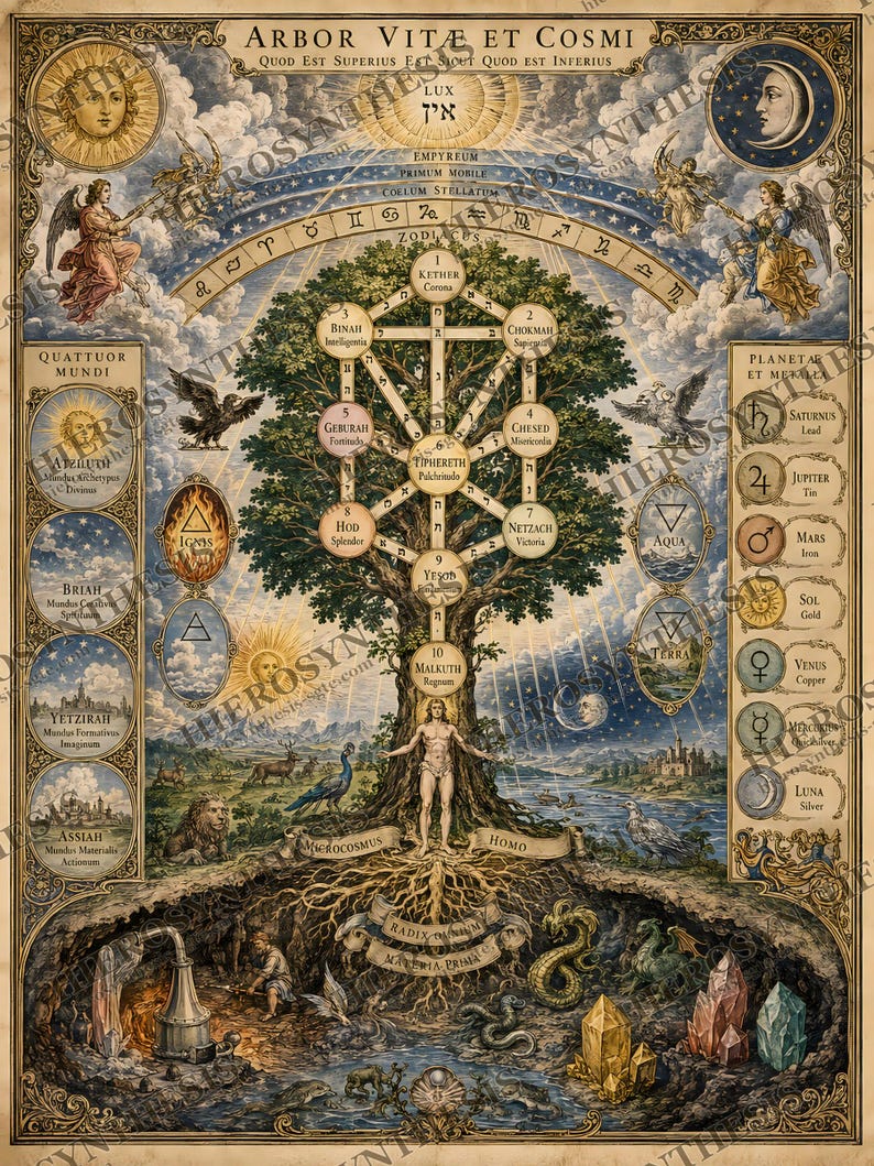 Peut inclure: Une impression d&eacute;taill&eacute;e de style vintage intitul&eacute;e ARBOR VITAE ET COSMI repr&eacute;sentant un arbre de vie central avec dix sephirot, une figure humaine &agrave; la base, des corps c&eacute;lestes, des signes du zodiaque, des symboles alchimiques et des paysages souterrains.