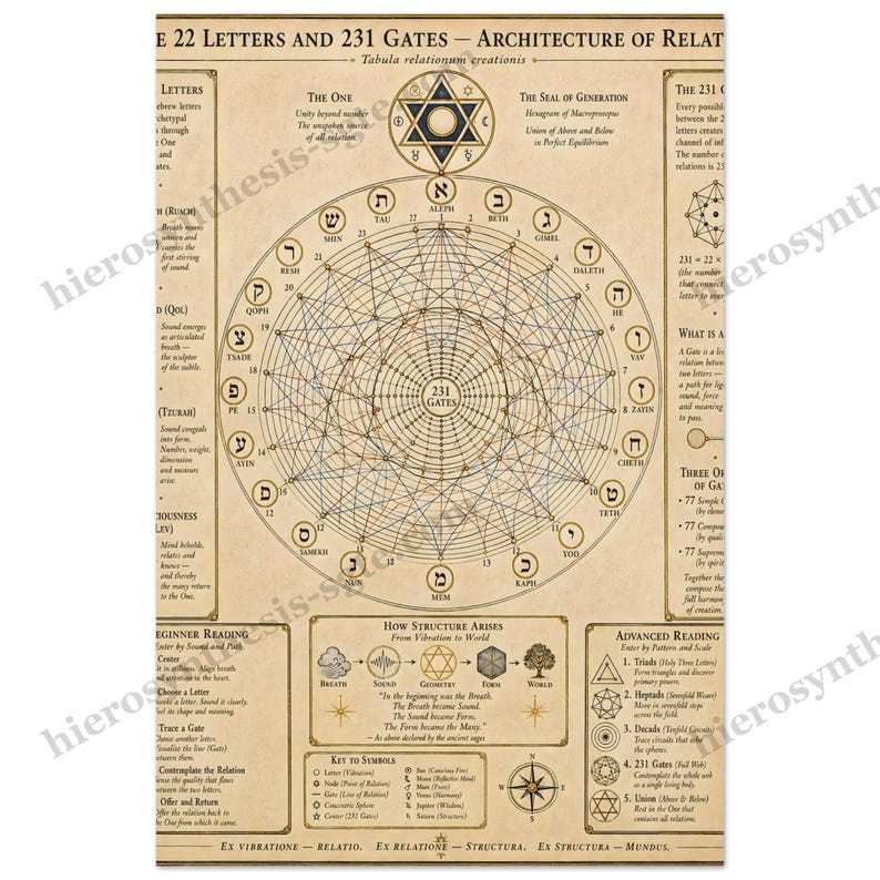 K&ouml;nnte beinhalten: Ein beigefarbenes Poster im Pergamentstil mit dem Titel The 22 Letters and 231 Gates, das ein zentrales kreisf&ouml;rmiges Diagramm mit hebr&auml;ischen Schriftzeichen, geometrischen Linien und einem Sternsymbol zeigt. Der Text enth&auml;lt Erkl&auml;rungen.