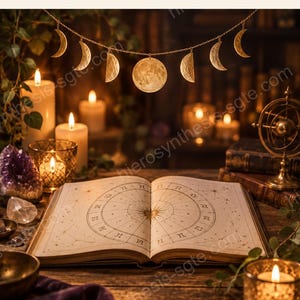 May include: An open book with a circular astrological chart printed on the pages, positioned before a gold moon phase garland. The scene includes lit candles, a crystal, and a brass armillary sphere on a wooden surface with text reading READINGS THE MONTHLY FORECAST One month of your life read day by day from your transits. YOUR MONTH DAY BY DAY.
