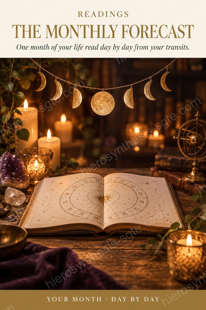 May include: An open book with a circular astrological chart printed on the pages, positioned before a gold moon phase garland. The scene includes lit candles, a crystal, and a brass armillary sphere on a wooden surface with text reading READINGS THE MONTHLY FORECAST One month of your life read day by day from your transits. YOUR MONTH DAY BY DAY.