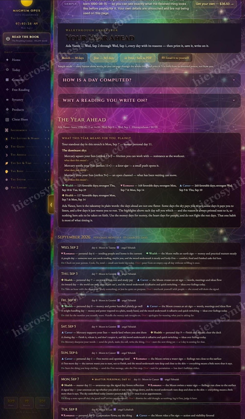 May include: A digital interface titled Your Year Ahead featuring a personalized astrological forecast for Ada Vance. The layout includes sections for daily planetary transits, wealth, romance, career, and health insights for September 2026.