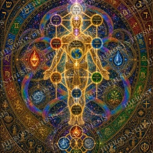May include: A complex, colorful digital art print titled EIN SOF - THE INFINITE. It features a central golden human figure overlaid with the Tree of Life, surrounded by zodiac symbols, elemental icons, and sacred geometry on a dark background.