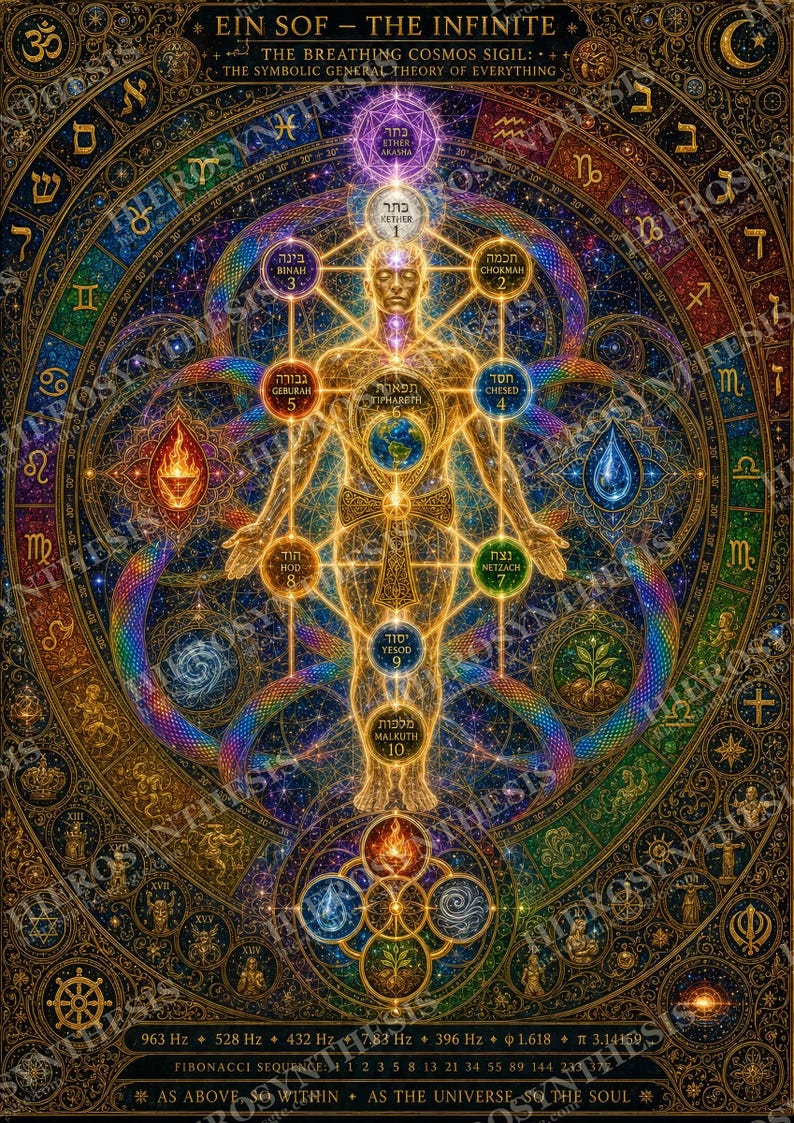 May include: A complex, colorful digital art print titled EIN SOF - THE INFINITE. It features a central golden human figure overlaid with the Tree of Life, surrounded by zodiac symbols, elemental icons, and sacred geometry on a dark background.