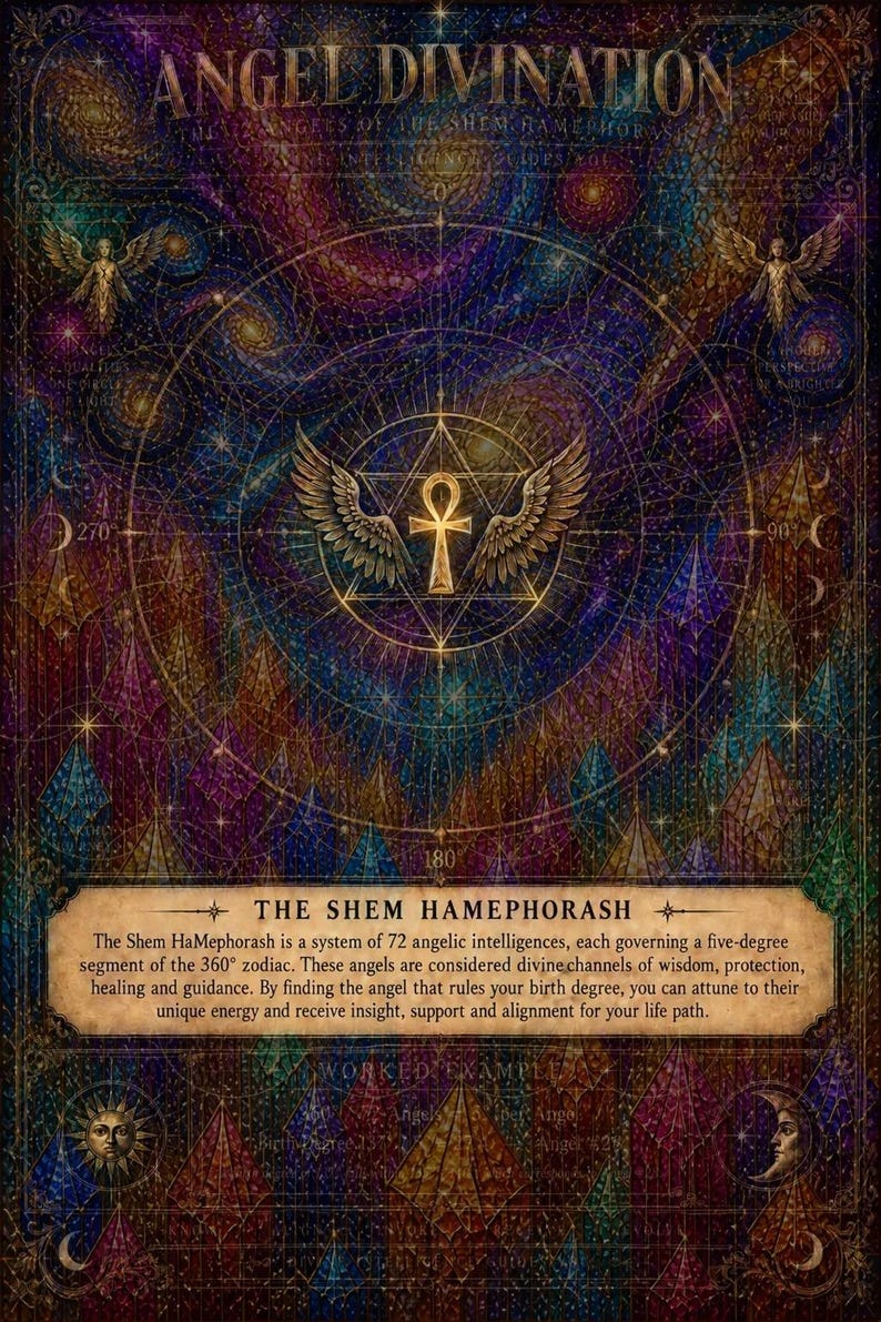 Puede incluir: Un p&oacute;ster rectangular titulado ANGEL DIVINATION que presenta un anj dorado central con alas dentro de una estrella geom&eacute;trica. El fondo muestra un patr&oacute;n c&oacute;smico colorido de estilo vitral con motivos celestiales, incluyendo un sol y una luna.