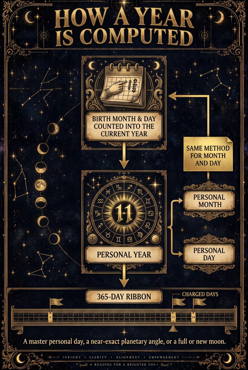 May include: A dark blue infographic titled HOW A YEAR IS COMPUTED with gold celestial accents. It features a calendar, a zodiac wheel with the number 11, and a 365-day ribbon timeline. Text includes BIRTH MONTH & DAY COUNTED INTO THE CURRENT YEAR, PERSONAL YEAR, PERSONAL MONTH, PERSONAL DAY, and A master personal day, a near-exact planetary angle, or a full or new moon.