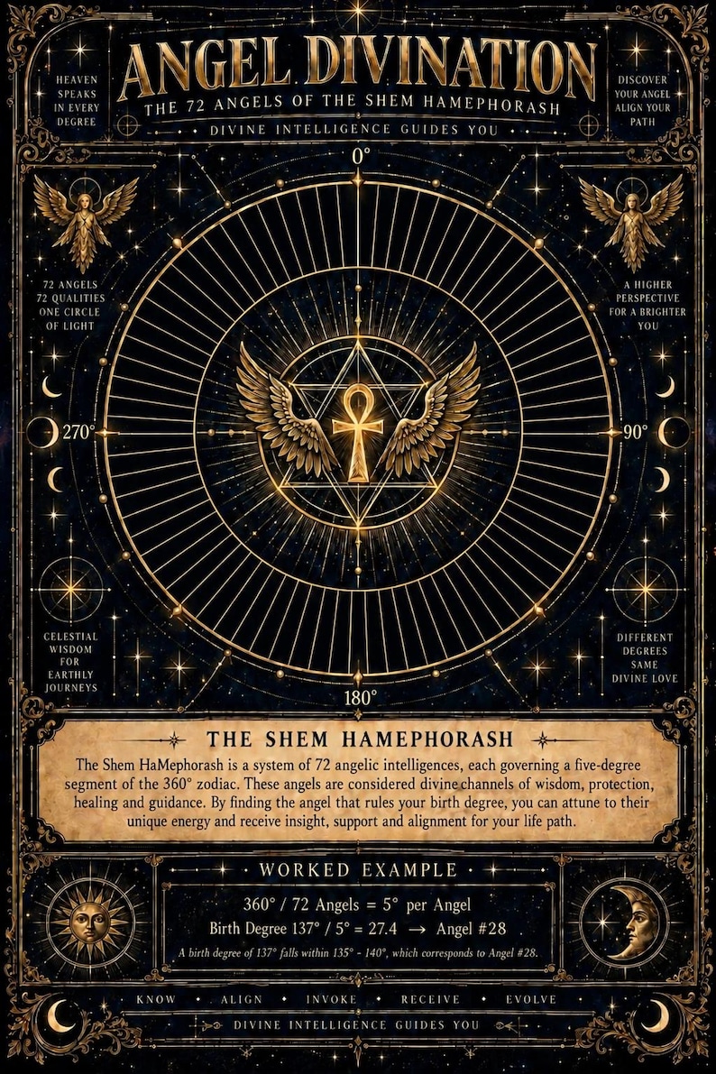 Puede incluir: Un p&oacute;ster negro y dorado titulado ANGEL DIVINATION THE 72 ANGELS OF THE SHEM HAMEPHORASH. Presenta un ankh central con alas dentro de un c&iacute;rculo geom&eacute;trico, rodeado de motivos celestiales, estrellas y texto que explica el sistema de inteligencias angelicales.