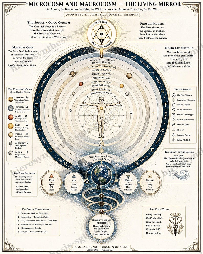 May include: A detailed educational poster titled Microcosm and Macrocosm - The Living Mirror. It features a central human figure surrounded by celestial spheres, planetary symbols, zodiac signs, and the four elements, with extensive explanatory text.