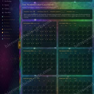 May include: A digital numerology calendar interface with a dark green background and purple accents. It displays monthly grids from September 2026 to April 2027, featuring headers like Personal Year 22 and Universal Year 1, with navigation menus on the left.