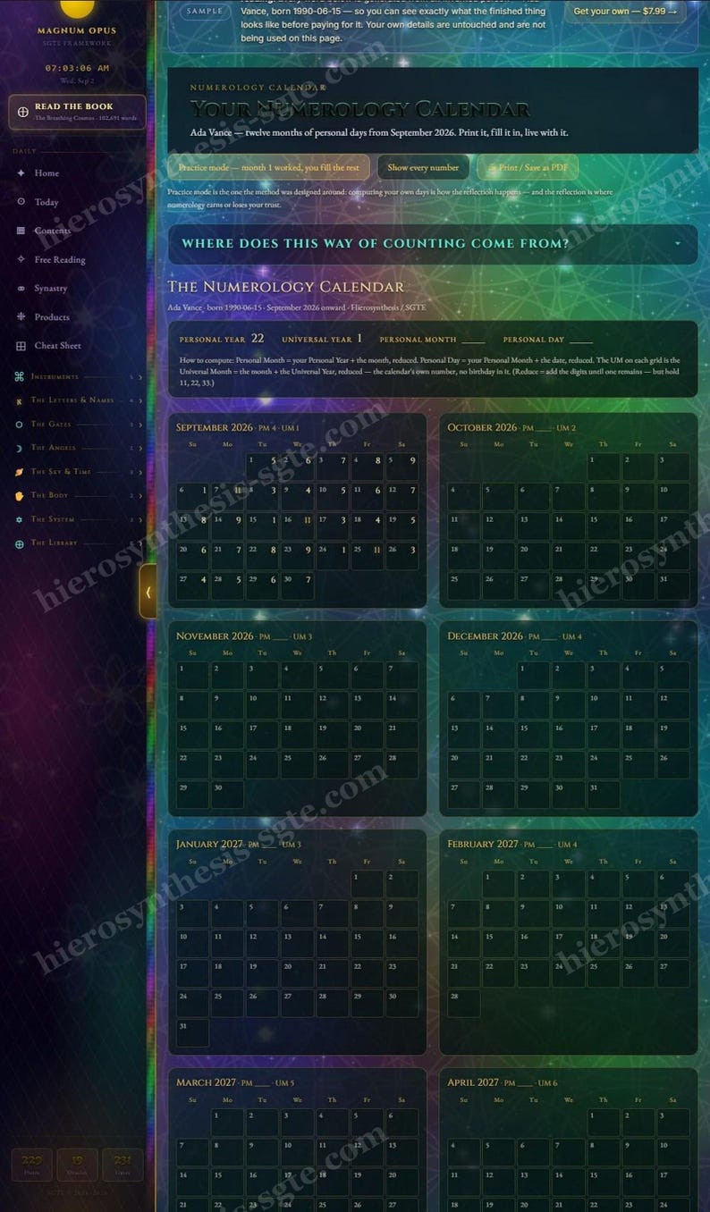 May include: A digital numerology calendar interface with a dark green background and purple accents. It displays monthly grids from September 2026 to April 2027, featuring headers like Personal Year 22 and Universal Year 1, with navigation menus on the left.