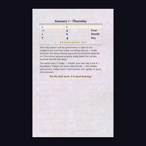 May include: A daily planner page for January 7, Thursday, featuring a table with columns labeled U, P, Year, Month, and Day. It includes the text 4 - GROUNDWORK DAY, a paragraph about performance and foundation, and the quote Do the dull work. It is load-bearing.