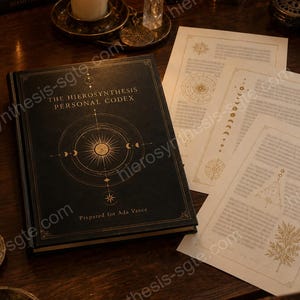 May include: A black hardcover book titled The Hierosynthesis Personal Codex with gold celestial graphics on the cover, accompanied by two cream-colored paper sheets featuring printed geometric diagrams and moon phase illustrations.