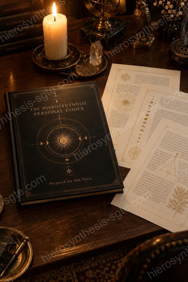 May include: A black hardcover book titled The Hierosynthesis Personal Codex with gold celestial graphics on the cover, accompanied by two cream-colored paper sheets featuring printed geometric diagrams and moon phase illustrations.