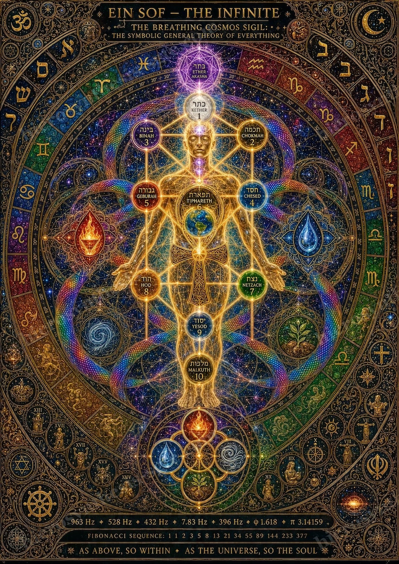 May include: A detailed poster titled EIN SOF - THE INFINITE featuring a central golden human figure overlaid with the Tree of Life, surrounded by zodiac symbols, elemental icons, and mathematical constants including the Fibonacci sequence.