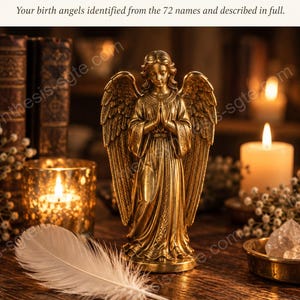 Puede incluir: Una figura de &aacute;ngel dorada con alas, con las manos juntas en oraci&oacute;n. El texto dice READINGS YOUR ANGELS Your birth angels identified from the 72 names and described in full. Una pluma blanca se encuentra en primer plano.