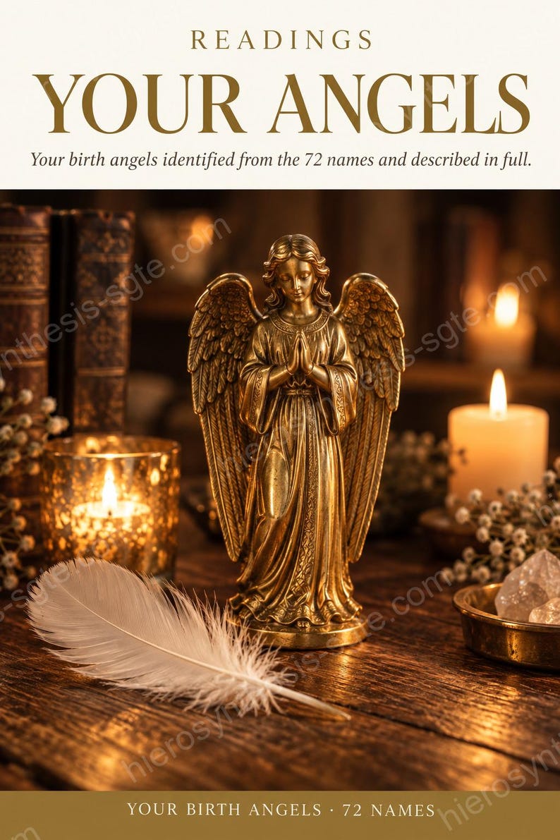 Puede incluir: Una figura de &aacute;ngel dorada con alas, con las manos juntas en oraci&oacute;n. El texto dice READINGS YOUR ANGELS Your birth angels identified from the 72 names and described in full. Una pluma blanca se encuentra en primer plano.
