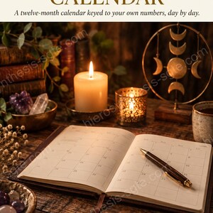 May include: An open twelve-month calendar with a gold pen resting on the pages. The text reads THE NUMEROLOGY CALENDAR, A twelve-month calendar keyed to your own numbers, day by day, and TWELVE MONTHS PERSONALIZED BY DAY. A candle and crystals are nearby.