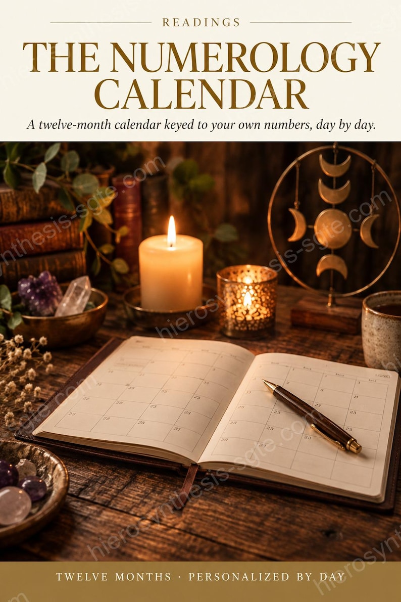 May include: An open twelve-month calendar with a gold pen resting on the pages. The text reads THE NUMEROLOGY CALENDAR, A twelve-month calendar keyed to your own numbers, day by day, and TWELVE MONTHS PERSONALIZED BY DAY. A candle and crystals are nearby.