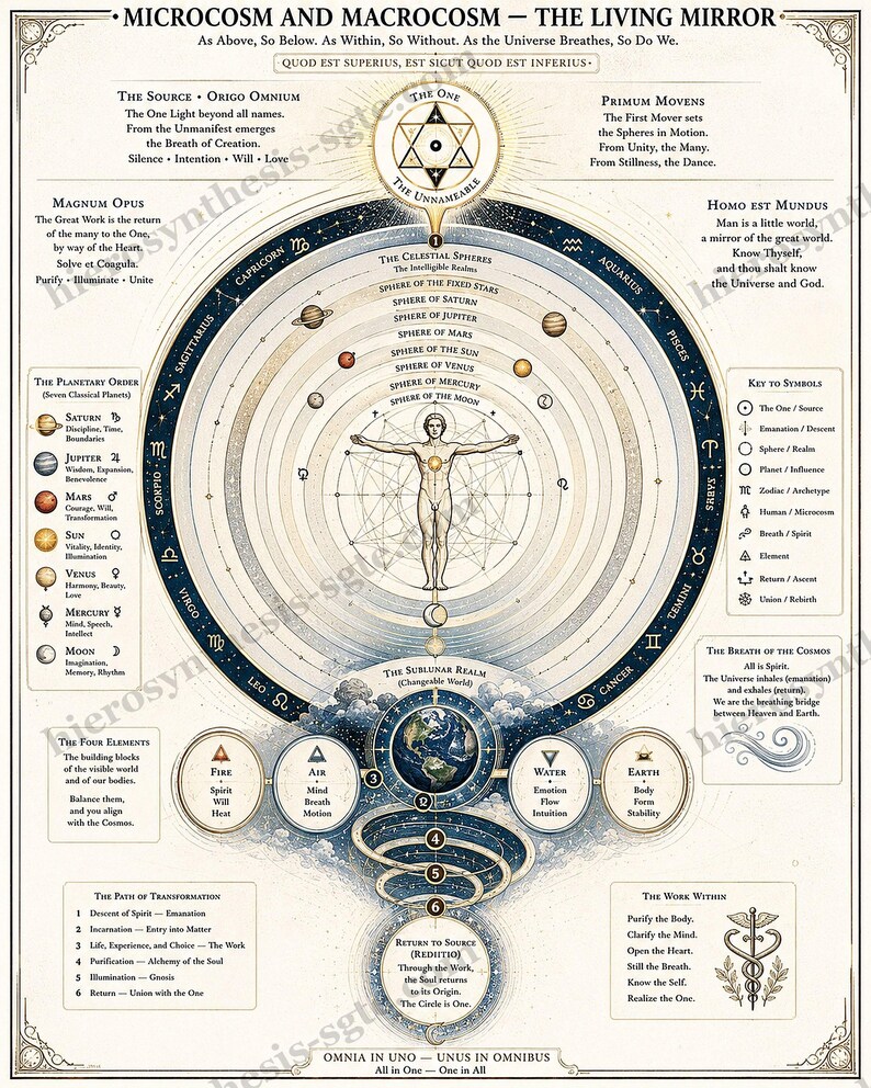 May include: A detailed educational poster titled Microcosm and Macrocosm - The Living Mirror. It features a central human figure surrounded by celestial spheres, planetary symbols, zodiac signs, and the four elements, with extensive explanatory text.
