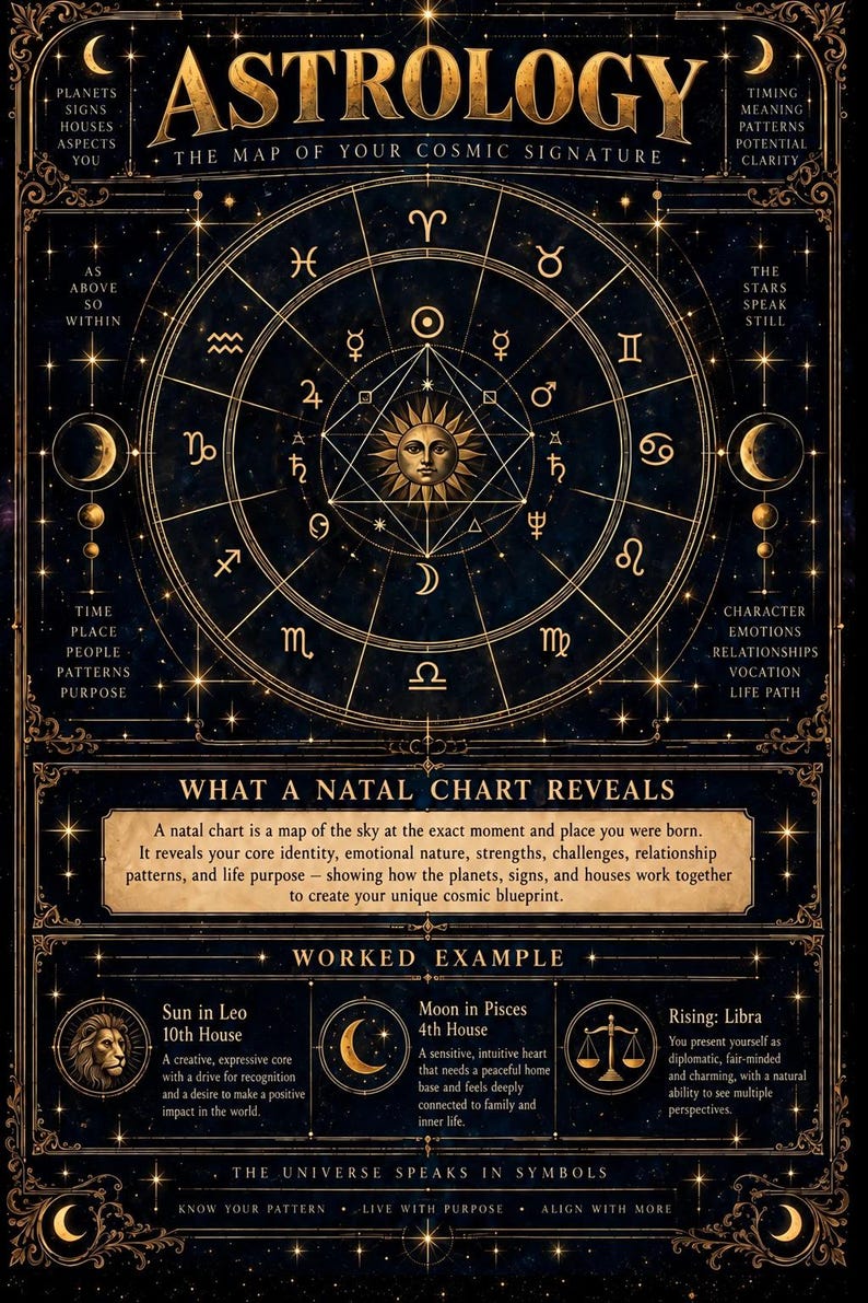 May include: A dark blue and gold astrology poster featuring a central zodiac wheel with planetary symbols and a sun icon. It includes text titled Astrology, The Map of Your Cosmic Signature, What a Natal Chart Reveals, and a Worked Example section.