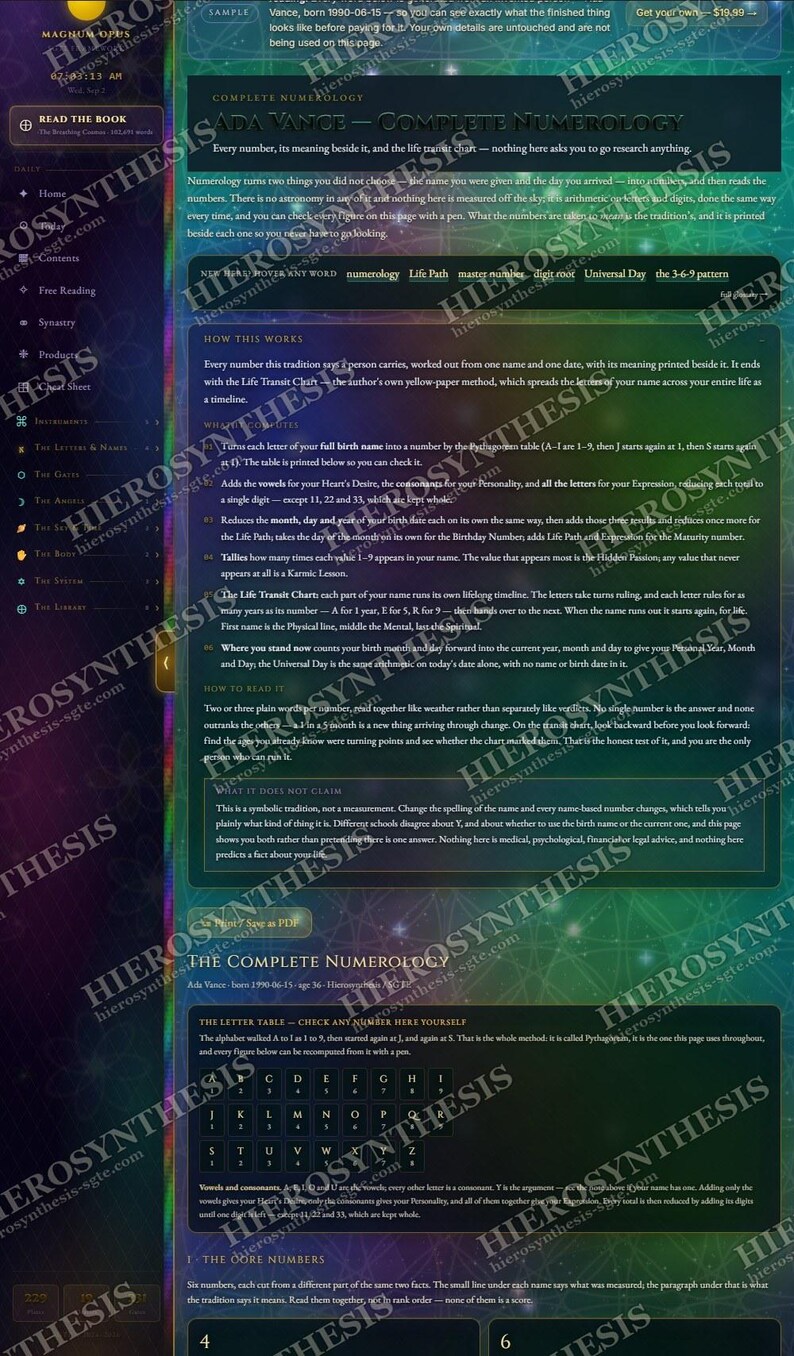 May include: A digital document titled Ada Vance - Complete Numerology, featuring a dark green background with white text. The page explains numerology methods, including a letter table with letters A through Z and corresponding numbers 1 through 9.