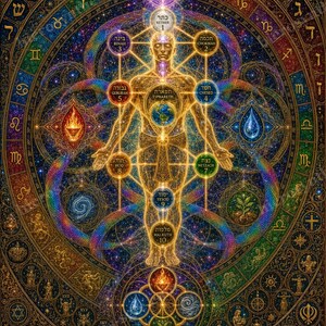 May include: A detailed poster titled EIN SOF - THE INFINITE featuring a central golden human figure overlaid with the Tree of Life, surrounded by zodiac symbols, elemental icons, and mathematical constants including the Fibonacci sequence.