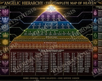 Änglahierarki-poster, diagram över 72 Shem-änglar och nio körer, väggkonst med Angelologi och Kabbalah (digital, poster, inramad)