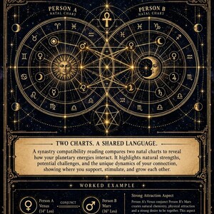 May include: A black and gold astrological synastry chart featuring two interconnected circular zodiac wheels, a sun and moon icon, and an ankh symbol. The text reads: TWO CHARTS. A SHARED LANGUAGE. A synastry compatibility reading compares two natal charts.
