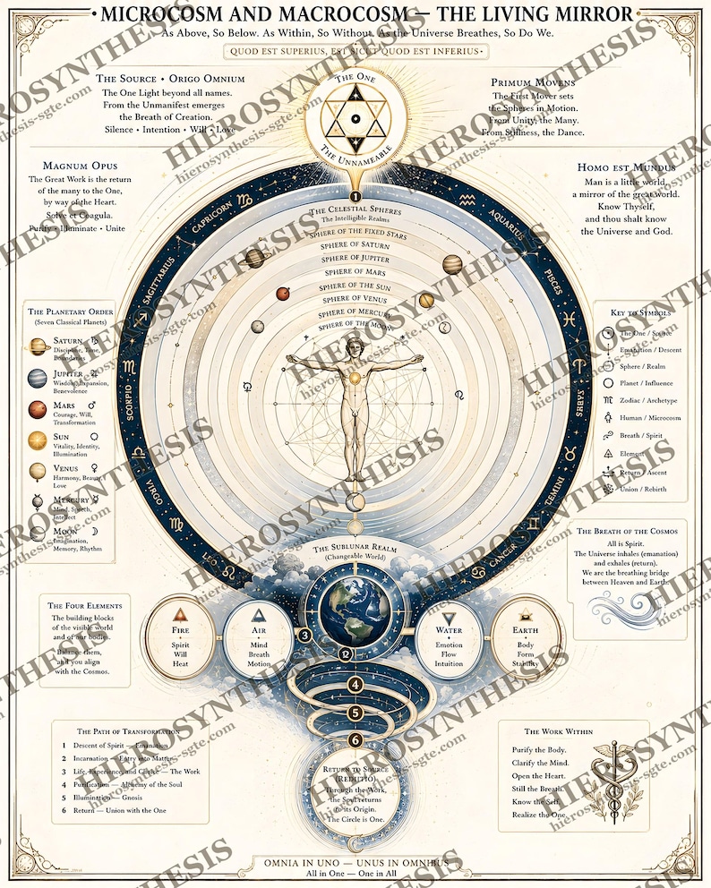 Pode incluir: Um cartaz educativo detalhado intitulado Microcosm and Macrocosm - The Living Mirror. Apresenta uma figura humana central rodeada por c&iacute;rculos conc&ecirc;ntricos, s&iacute;mbolos planet&aacute;rios, signos do zod&iacute;aco e texto explicando o cosmos e os elementos.
