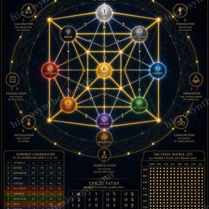 Puede incluir: Un p&oacute;ster negro titulado The Hypercube of Life: Kabbalah in 4D que presenta una estructura geom&eacute;trica dorada de teseracto con diez esferas de colores etiquetadas con letras y nombres hebreos. Incluye tablas de coordenadas Sephirot, 22 caminos y una matriz de 256 estados con texto sobre procesos alqu&iacute;micos.