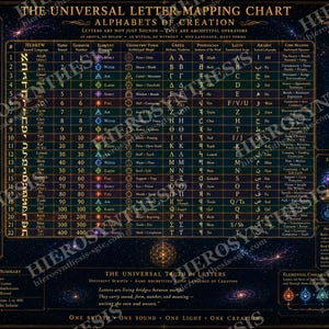 May include: A dark blue poster titled The Universal Letter-Mapping Chart Alphabets of Creation. It features a central table comparing Hebrew, Greek, Phoenician, Latin, and Arabic scripts with columns for sound, number, element, and geometric form.