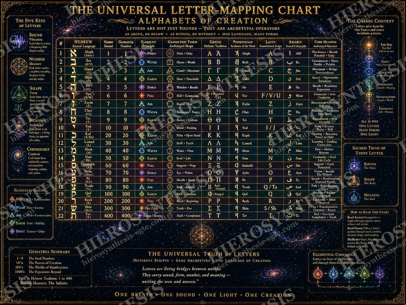May include: A dark blue poster titled The Universal Letter-Mapping Chart Alphabets of Creation. It features a central table comparing Hebrew, Greek, Phoenician, Latin, and Arabic scripts with columns for sound, number, element, and geometric form.