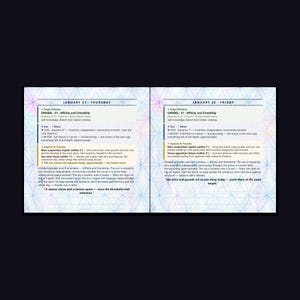 May include: An open planner page showing January 21st and 22nd with a light blue and purple geometric flower pattern background. The text details astrological information including Angel Window Umabel 61, planetary aspects, and daily guidance.