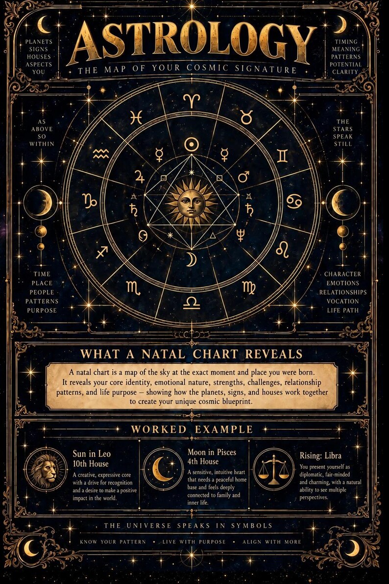 May include: A dark blue and gold astrology poster featuring a central zodiac wheel with planetary symbols and a sun icon. It includes text titled Astrology, The Map of Your Cosmic Signature, What a Natal Chart Reveals, and a Worked Example section.