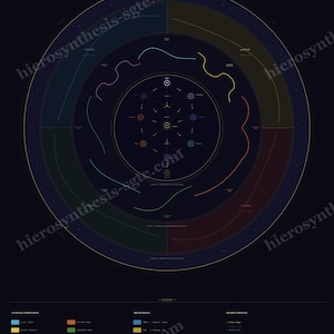 May include: A dark-themed circular diagram titled VIBRATIONAL PHYSICS OF THE 231 GATES. It features a central geometric star pattern surrounded by concentric rings, colored wave lines, and a detailed legend at the bottom with text and color keys.