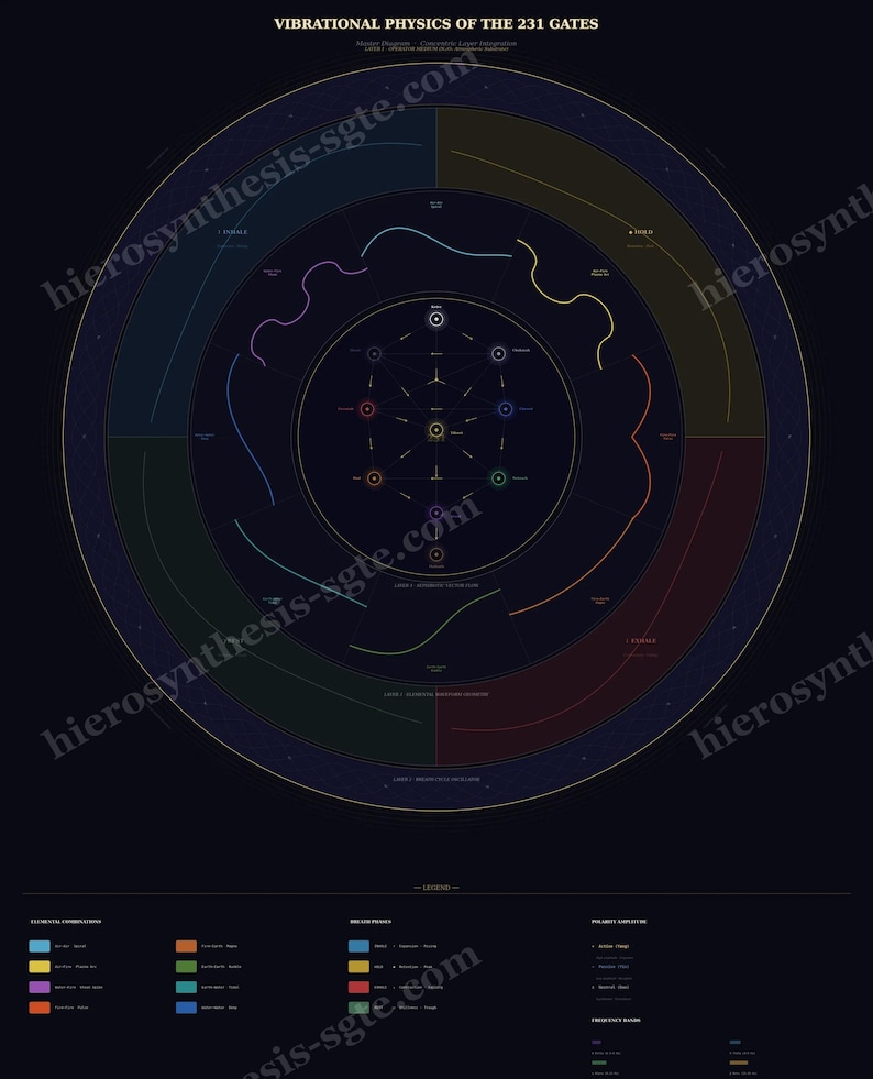 May include: A dark-themed circular diagram titled VIBRATIONAL PHYSICS OF THE 231 GATES. It features a central geometric star pattern surrounded by concentric rings, colored wave lines, and a detailed legend at the bottom with text and color keys.