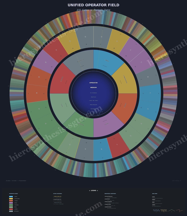May include: A circular chart titled UNIFIED OPERATOR FIELD 231 Gates Periodic Table on a dark background. The design features concentric rings divided into multicoloured segments, with a central blue circle containing the text OPERATOR MEDIUM.