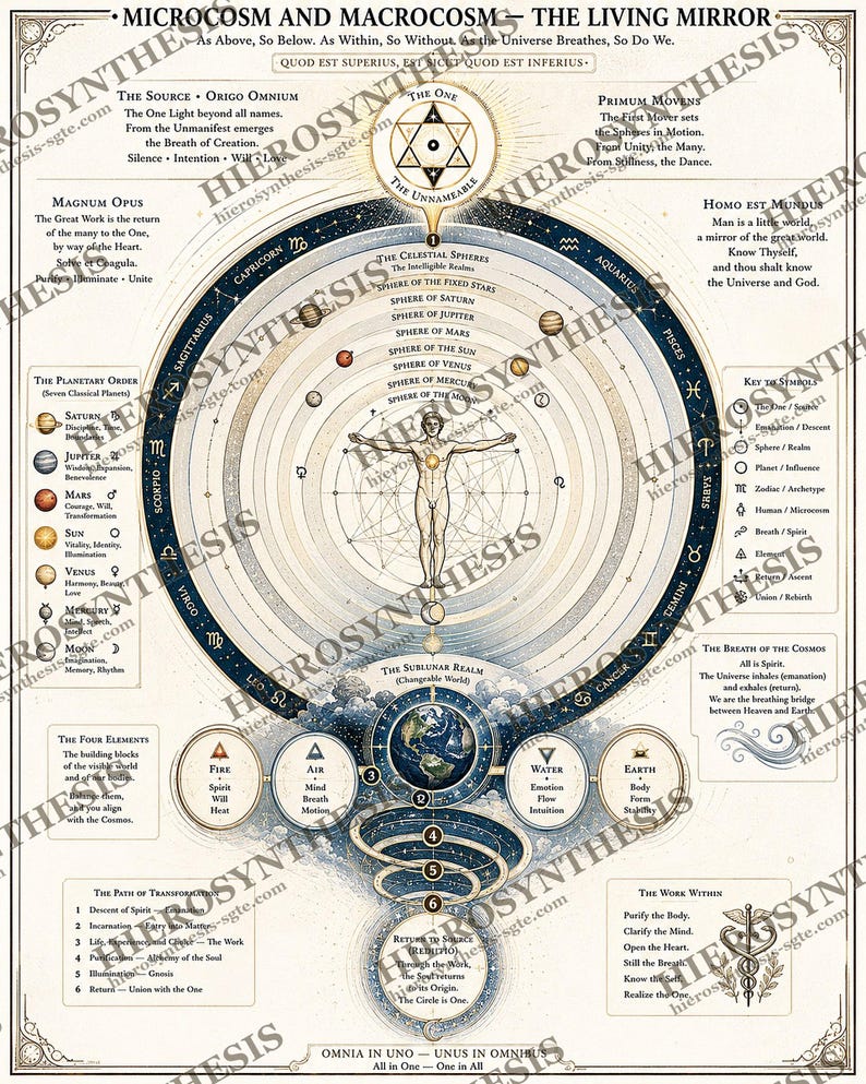 May include: A detailed educational poster titled Microcosm and Macrocosm - The Living Mirror. It features a central human figure surrounded by concentric circles representing celestial spheres, zodiac signs, planetary symbols, and the four elements.
