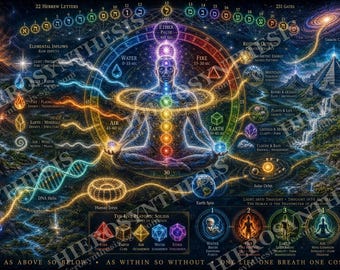 Kosmisk kartutskrift, 22 hebreiska bokstäver och 231 portar, väggkonst med helig geometri-meditation (digital, poster, inramad)