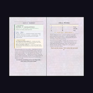 May include: An open planner page showing July 4 Sunday and July 5 Monday. The left side details Angel Window Nelchael, Sun and Moon aspects, and transits. The right side features a table with numbers 11, 5, 7, 3, 8 and text about Push Day.