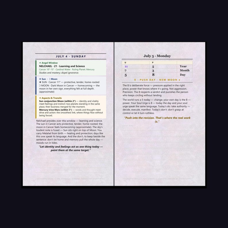 May include: An open planner page showing July 4 Sunday and July 5 Monday. The left side details Angel Window Nelchael, Sun and Moon aspects, and transits. The right side features a table with numbers 11, 5, 7, 3, 8 and text about Push Day.
