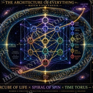 May include: A complex infographic titled The Architecture of Everything, featuring a central Tree of Life diagram overlaid on a cosmic background. It includes geometric patterns, a 256 state matrix cube, Phi ratio calculations, and various scientific text labels.