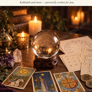May include: A clear crystal ball on a carved wooden stand, surrounded by three tarot cards, a numerology grid, a Kabbalah tree of life diagram, an amethyst cluster, a clear quartz point, and lit candles. Text reads: READINGS THE COMPLETE PICTURE.