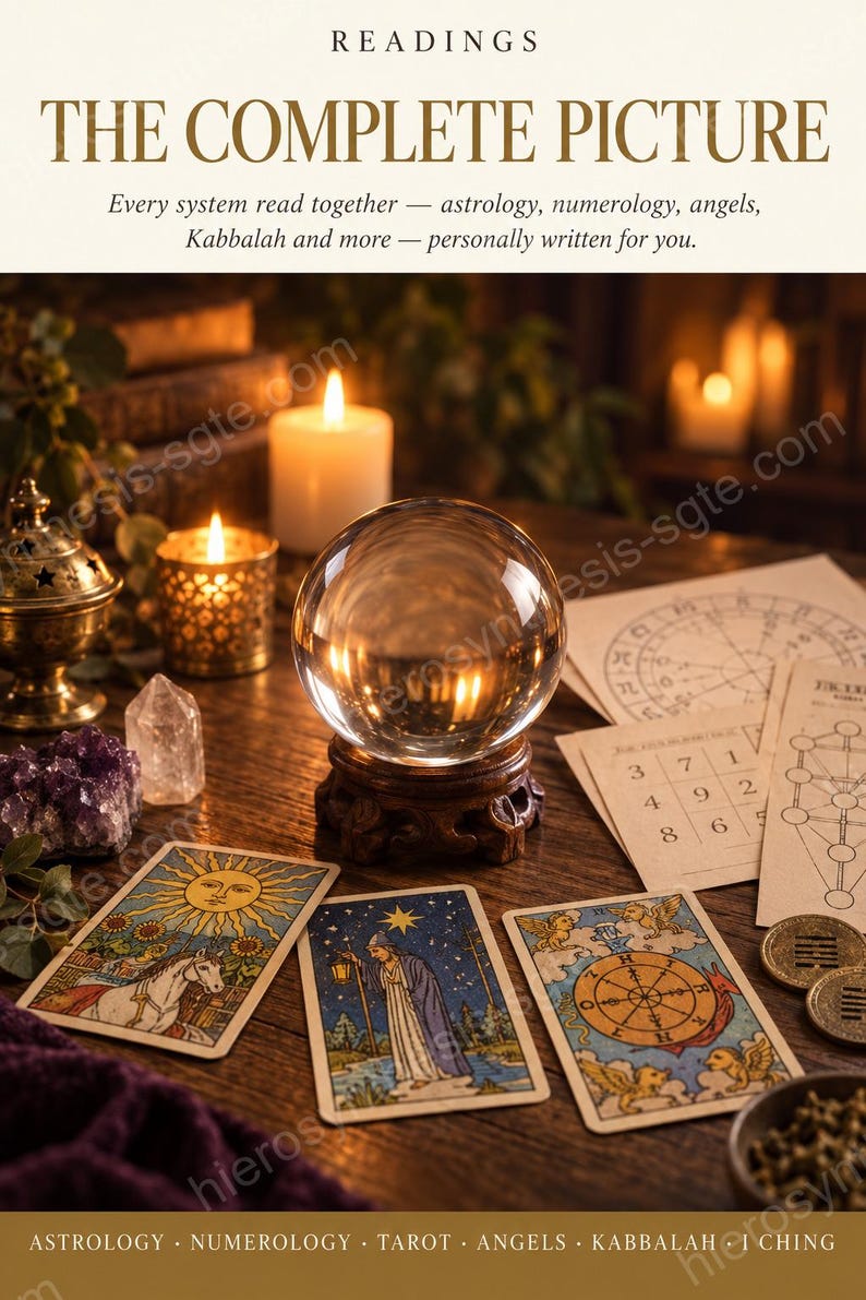 May include: A clear crystal ball on a carved wooden stand, surrounded by three tarot cards, a numerology grid, a Kabbalah tree of life diagram, an amethyst cluster, a clear quartz point, and lit candles. Text reads: READINGS THE COMPLETE PICTURE.