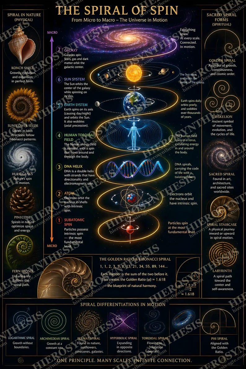 K&ouml;nnte beinhalten: Ein schwarzes Lehrplakat mit dem Titel The Spiral of Spin, das das Universum in Bewegung von der Mikro- bis zur Makroebene darstellt. Es enth&auml;lt Diagramme von Galaxien, Sonnensystemen, menschlichen Torusfeldern, DNA, Atomen und subatomaren Teilchen mit Text.