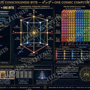 May include: A dark-themed informational poster titled The 256-State Consciousness Byte, featuring a 4-dimensional hypercube diagram, a 4x4x4x4 grid of colored cubes, and the 10 Sephirot. It includes mathematical equations, binary code, tarot card illustrations, and text explaining cosmic computation units.