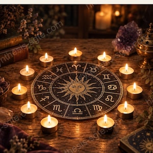 May include: A circular black zodiac chart with gold symbols and a central sun face, surrounded by twelve lit tea light candles. The text reads: READINGS THE YEAR AHEAD Your next 365 days forecast day by day from your birth chart. 365 DAYS TRANSITS TIMING.
