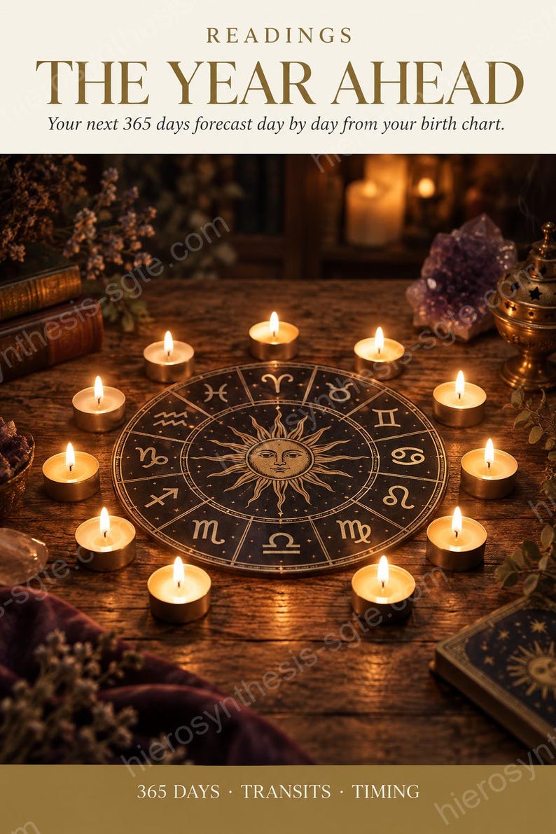 May include: A circular black zodiac chart with gold symbols and a central sun face, surrounded by twelve lit tea light candles. The text reads: READINGS THE YEAR AHEAD Your next 365 days forecast day by day from your birth chart. 365 DAYS TRANSITS TIMING.