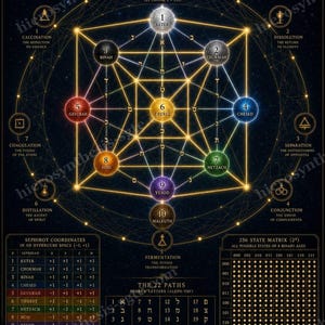 May include: A black poster titled The Hypercube of Life: Kabbalah in 4D featuring a golden geometric tesseract structure with ten colored spheres labeled with Hebrew letters and names. It includes tables for Sephirot coordinates, 22 paths, and a 256 state matrix with text detailing alchemical processes and dimensions.