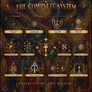 May include: A dark, ornate poster titled The Complete System, featuring twelve distinct sections with gold-toned esoteric symbols, including numerology, astrology, tarot, and sacred geometry, set against a deep, textured, multi-colored background.