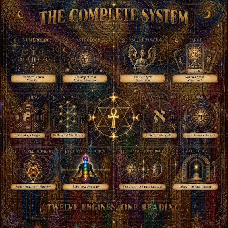 May include: A dark, ornate poster titled The Complete System, featuring twelve distinct sections with gold-toned esoteric symbols, including numerology, astrology, tarot, and sacred geometry, set against a deep, textured, multi-colored background.